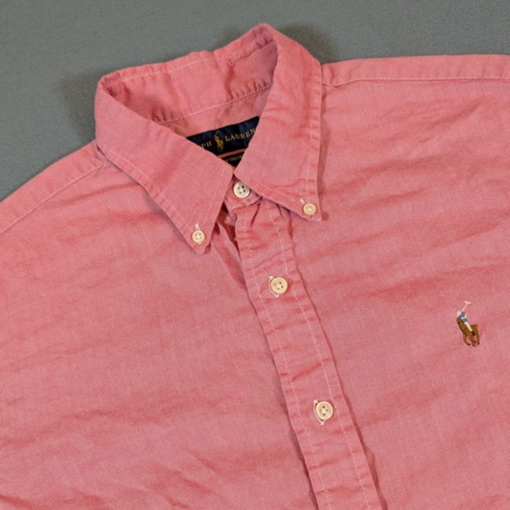 Ralph Lauren Men Chambray Oxford Button Down Shirt‎ Size L Short Sleeve Coral
